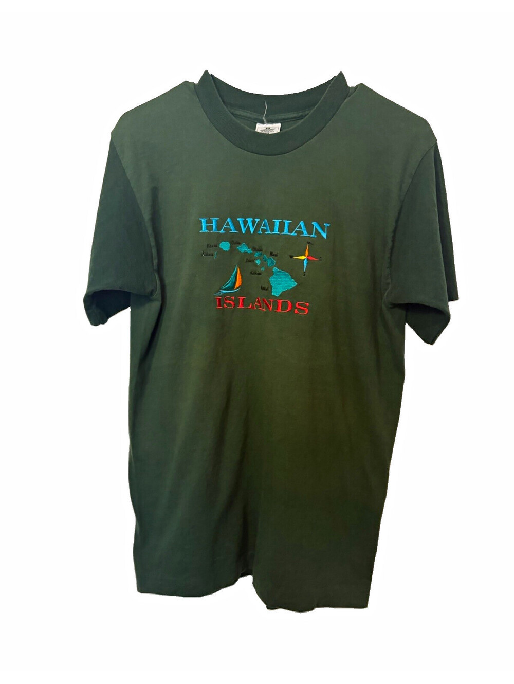 Vintage 90s Hawaiian Islands T-Shirt Men’s M Embroidered Map Green Single Stitch
